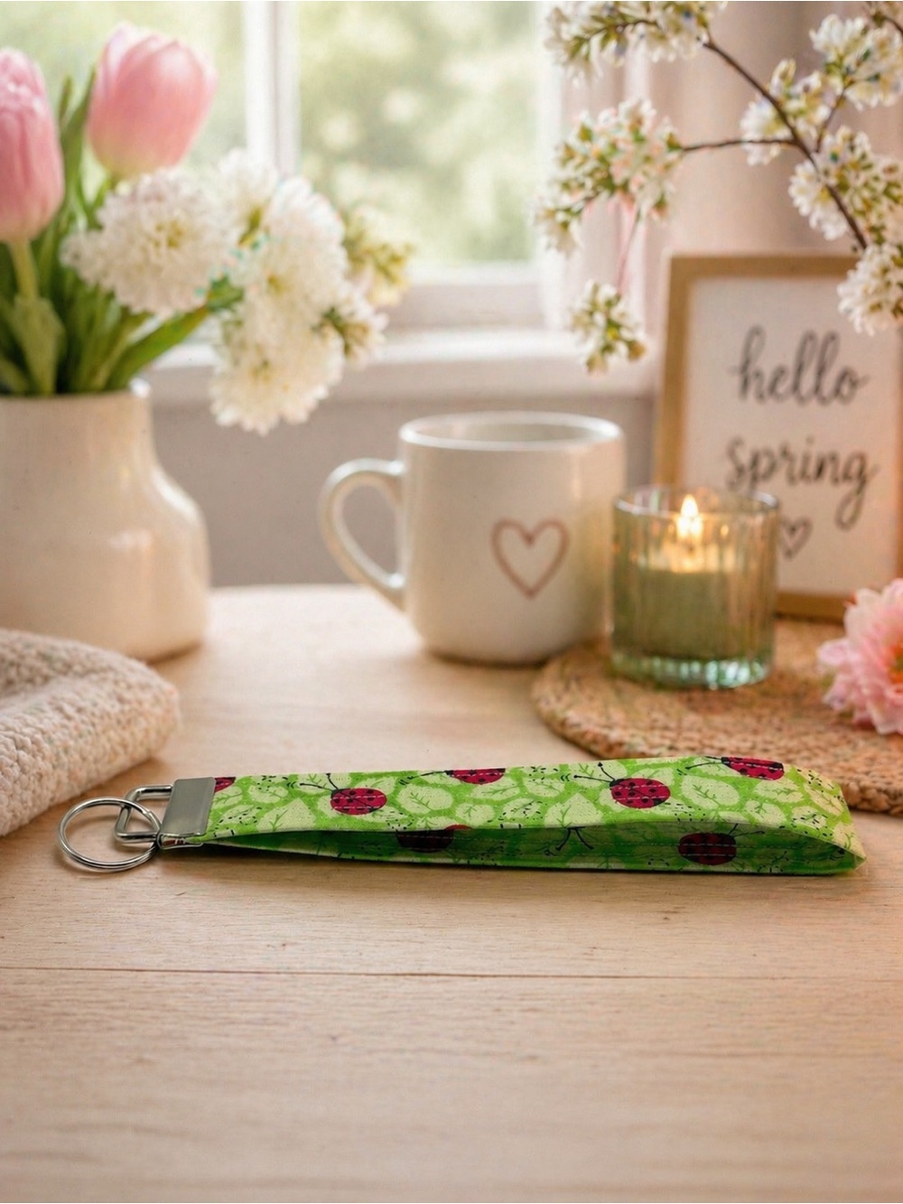 Ladybug Green Fabric Keychain Wristlet